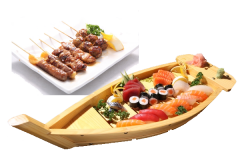 MY1 Menu à partager (2p)  8 maki saumon, 8 sushi assortiments (saumon ,thon,daurade,maquereau), 16 sashimi assortiments (saumon ,thon,daurade,maquereau), 6 brochettes: 2 poulet, 2 boeuf au fromage, 2 boulette de poulet